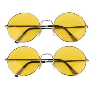 Faram Party 2x stuks Hippie Flower Power Sixties ronde glazen zonnebril geel -