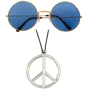 Widmann Toppers - Hippie Flower Power Sixties verkleed set ketting met blauwe party bril -