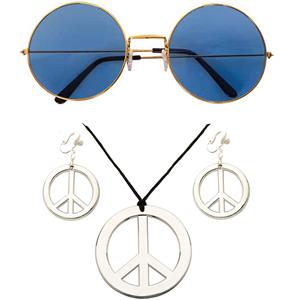 Widmann Toppers - Hippie Flower Power Sixties verkleed sieraden met blauwe party bril -
