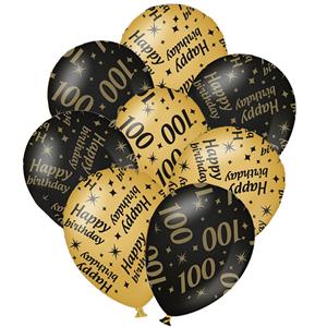 Paperdreams 12x stuks leeftijd verjaardag ballonnen 100 jaar en happy birthday zwart/goud -