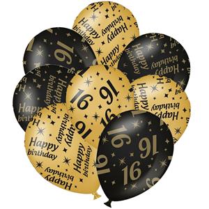 Paperdreams 12x stuks leeftijd verjaardag ballonnen 16 jaar en happy birthday zwart/goud -