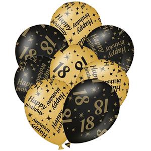 Paperdreams 12x stuks leeftijd verjaardag ballonnen 18 jaar en happy birthday zwart/goud -