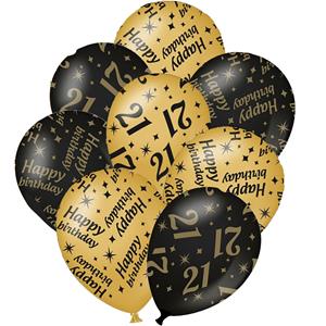 Paperdreams 12x stuks leeftijd verjaardag ballonnen 21 jaar en happy birthday zwart/goud -