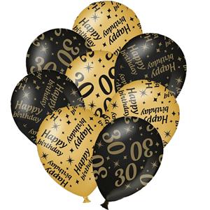Paperdreams 12x stuks leeftijd verjaardag ballonnen 30 jaar en happy birthday zwart/goud -