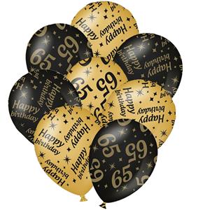 Paperdreams 12x stuks leeftijd verjaardag ballonnen 65 jaar en happy birthday zwart/goud -