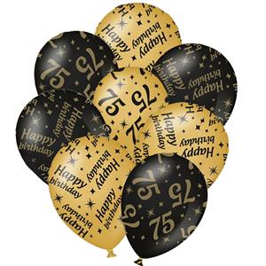 Paperdreams 12x stuks leeftijd verjaardag ballonnen 75 jaar en happy birthday zwart/goud -
