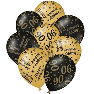 Paperdreams 12x stuks leeftijd verjaardag ballonnen 90 jaar en happy birthday zwart/goud -