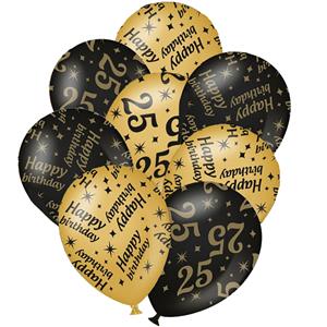 Paperdreams 12x stuks leeftijd verjaardag ballonnen 25 jaar en happy birthday zwart/goud -