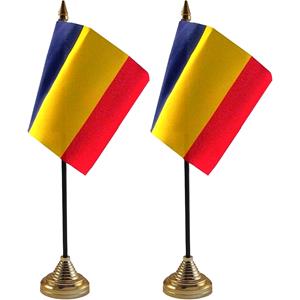 Bellatio 2x stuks Roemenie tafelvlaggetjes 10 x 15 cm met standaard -