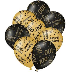 Paperdreams 24x stuks leeftijd verjaardag ballonnen 100 jaar en happy birthday zwart/goud -