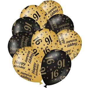 Paperdreams 24x stuks leeftijd verjaardag ballonnen 16 jaar en happy birthday zwart/goud -