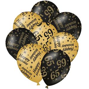 Paperdreams 24x stuks leeftijd verjaardag ballonnen 65 jaar en happy birthday zwart/goud -