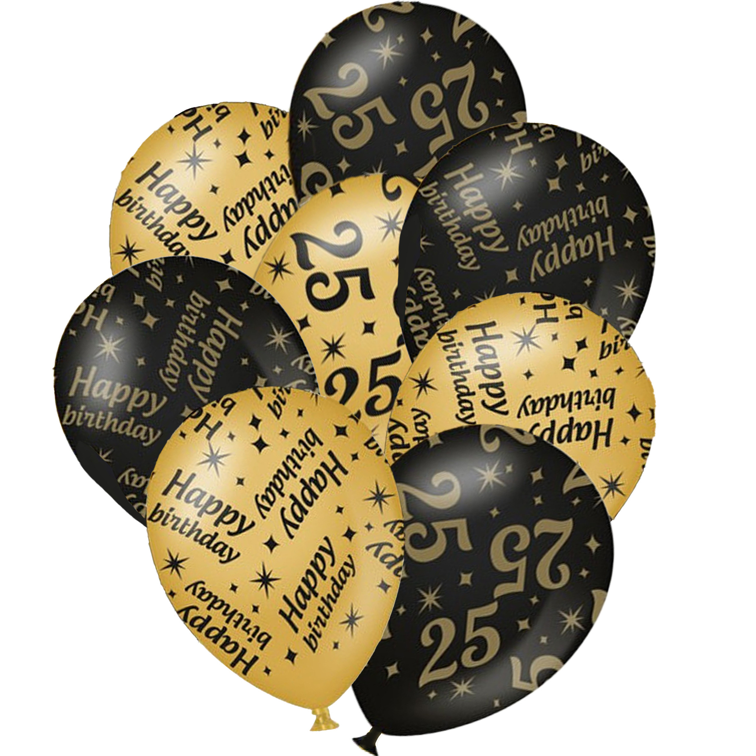 Paperdreams 24x stuks leeftijd verjaardag ballonnen 25 jaar en happy birthday zwart/goud -