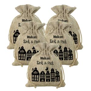 Folat Pakket van 10x stuks mini Sinterklaas jute cadeau zakken Welkom Sint en Piet print met koord 18 x 25 -