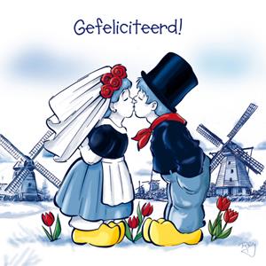 Old Dutch  Huwelijkskaart - molen - tulpen