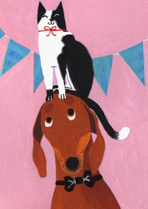 Noëlle Smit  Verjaardagskaart - Teckel en kat