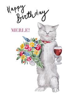 Marie Bodié Marie Bodie - Verjaardagskaart - Kat met bloemen