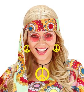 Hippie oorbellen en ketting Peace geel