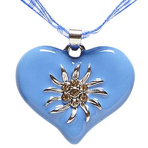 Zeer mooie Beierse halsketting met hartje en edelweiss in blauw