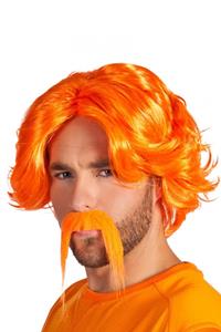 Oranje pruik Chuck met snor