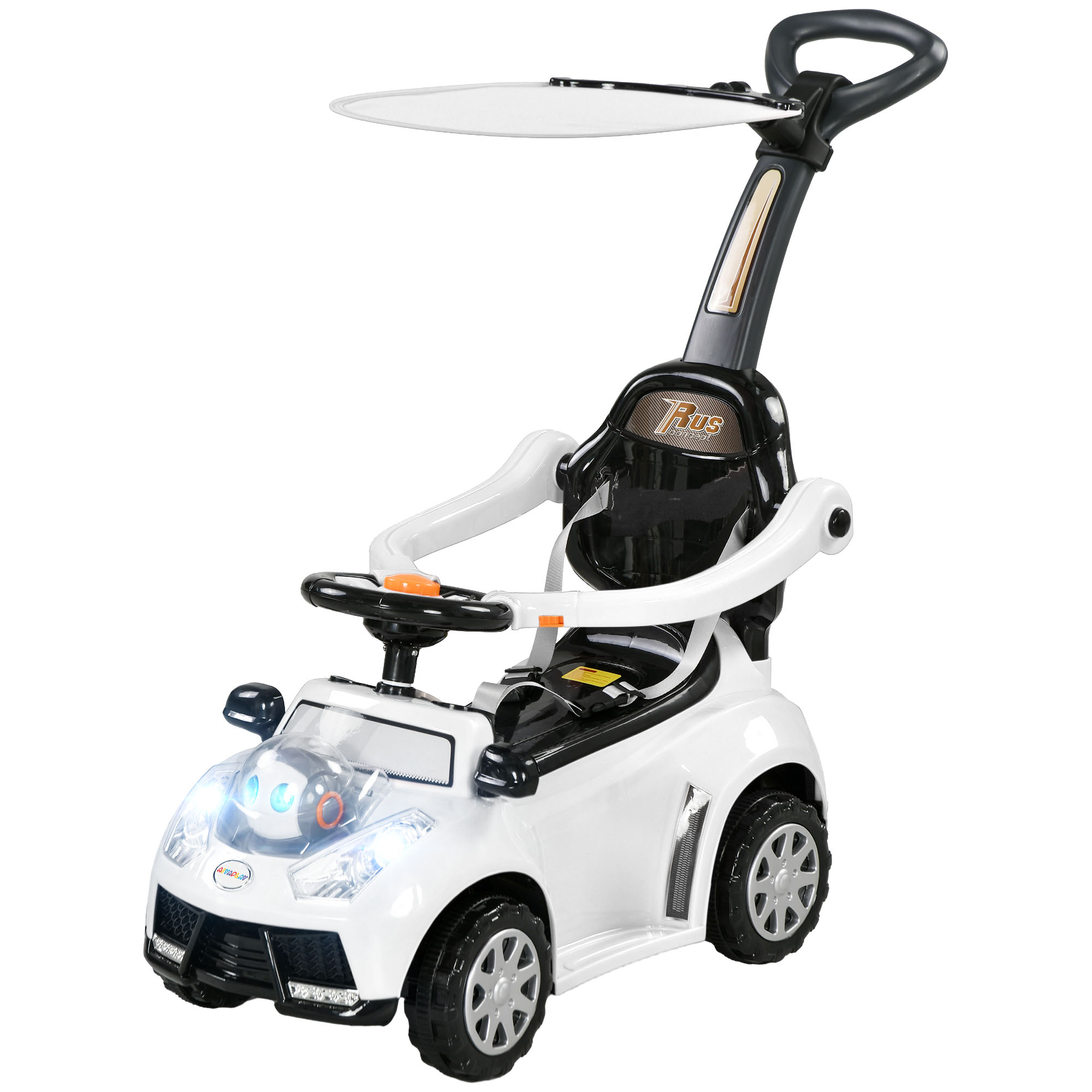 AIYAPLAY 2-in-1 Loopauto, afneembaar zonnedak, met lichtjes, muziek en toeter, stevig kunststof en metaal, 96 x 39 x 90 cm, wit/zwart | Aosom.nl