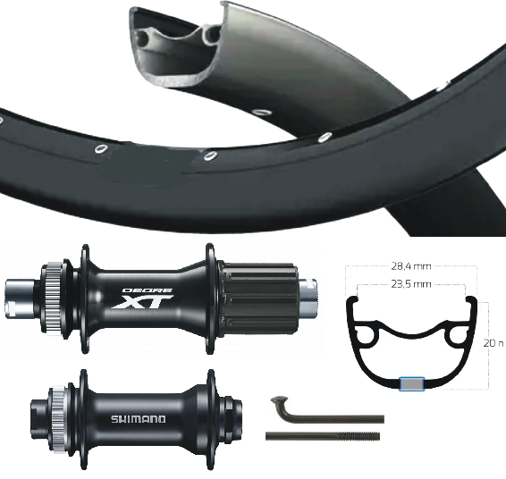 Shimano xt / alivio wielset 28/29 inch cass 8-11 speed thru axxle zwart