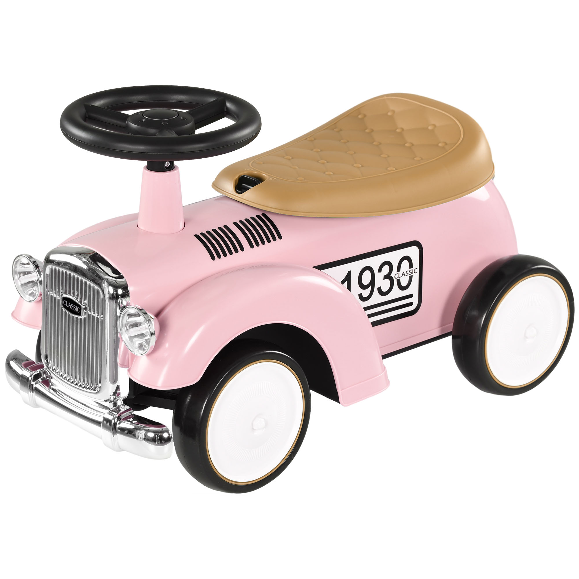 AIYAPLAY Kinder Glijauto, Vintage Ontwerp, Verborgen Opbergruimte, Kipbescherming, Toeter, 12-36 Maanden, Roze