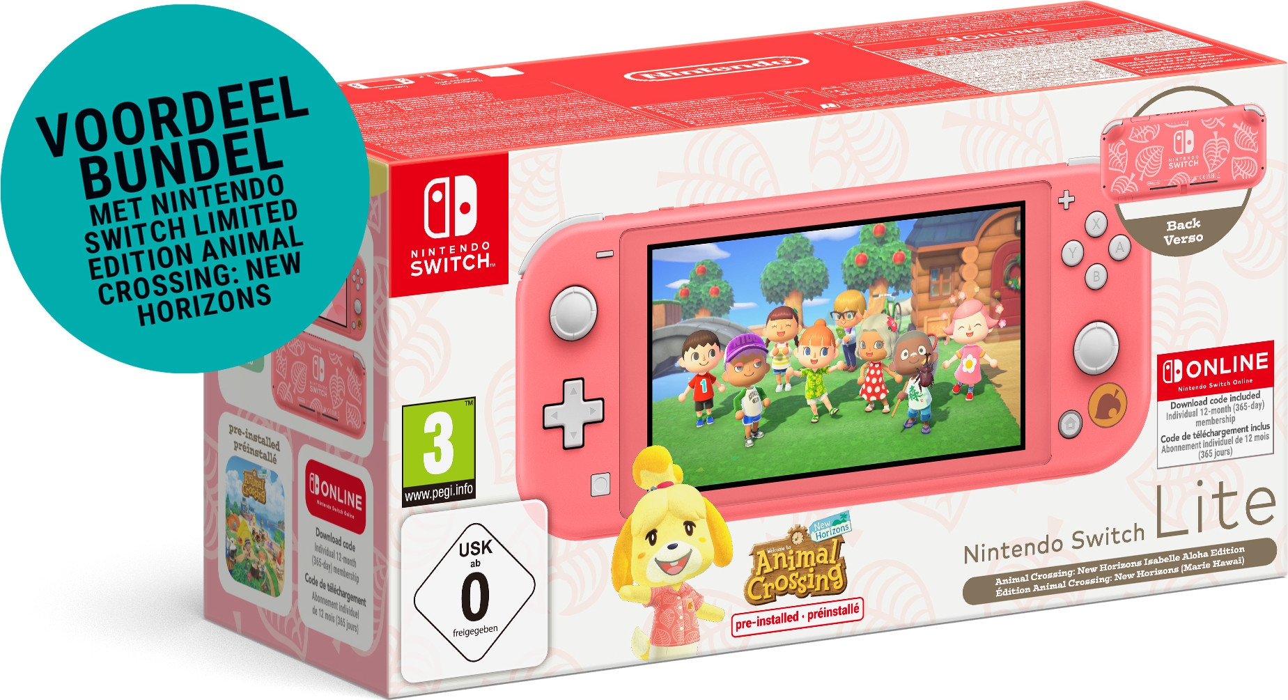 Nintendo Switch Lite (Coral) Animal Crossing New Horizons Isabelle Aloha Edition + 12 Maanden Switch Online