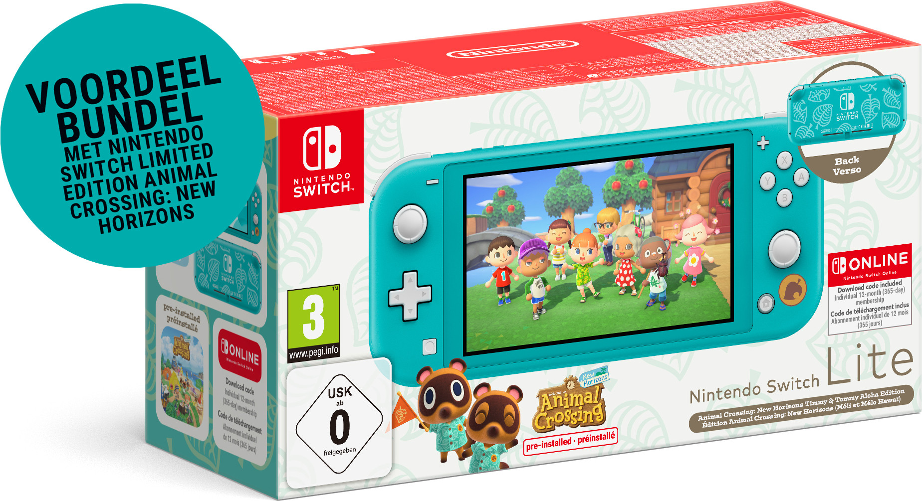 Nintendo Switch Lite (Turquoise) Animal Crossing New Horizons Timmy&Tommy Aloha Edition + 12 Maanden Switch Online