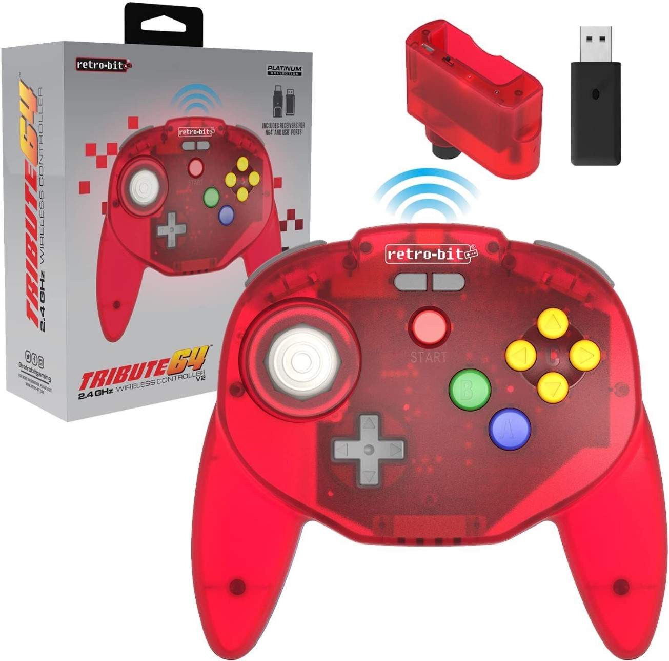 Retro-Bit Tribute 64 2.4 GHz Wireless Controller V2 (Red) ()