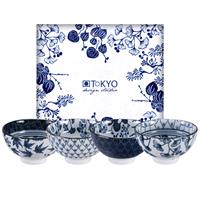 Blauw/Witte Kommenset - Flora Japonica - Set van 4 stuks - 12 x 6.3cm 300ml