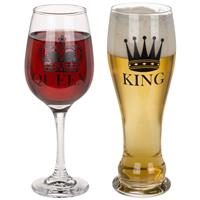 Wijnglas en bierglas set King en Queen - Wijnglazen/Bierglazen - Voor hem en haar - Bruiloft cadeau