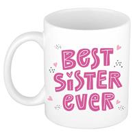 Best Sister Ever Mok Wit Met Roze Letters En Hartjes - 300 Ml - Cadeau Beker Voor Zus / Zusje