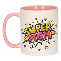 Super Mom Cadeau Koffiemok / Theebeker Wit En Roze Met Sterren - 300 Ml - Keramiek - Moederdag - Cadeau / Bedankje Mom