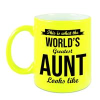 Tante Cadeau Mok / Beker This Is What The Worlds Greatest Aunt Looks Like - Neon Geel - Verjaardag / Bedankje