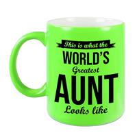 Tante Cadeau Mok / Beker This Is What The Worlds Greatest Aunt Looks Like - Neon Groen - Verjaardag / Bedankje