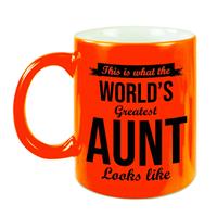 Tante Cadeau Mok / Beker This Is What The Worlds Greatest Aunt Looks Like - Neon Oranje - Verjaardag / Bedankje