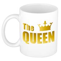 The Queen Cadeau Koffiemok / Theebeker Wit Met Gouden Kroon En Blokletters - 300 Ml - Keramiek - Koningsdag - Cadeaumok