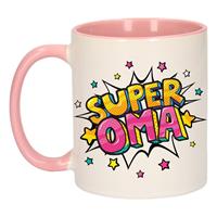 Super Oma Cadeau Koffiemok / Theebeker Wit En Roze Met Sterren - 300 Ml - Keramiek - Moederdag - Cadeau / Bedankje Oma