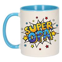 Super Opa Cadeau Koffiemok / Theebeker Wit En Blauw Met Sterren - 300 Ml - Keramiek - Cadeau / Bedankje Aan Opa