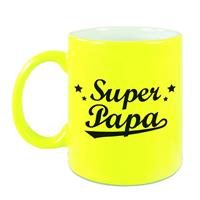 Super Papa Tekst Cadeau Mok / Beker - Neon Geel - 330 Ml - Verjaardag / Vaderdag