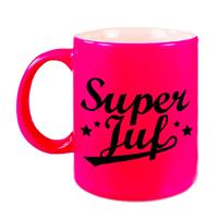 Super Juf Cadeau Mok 330 Ml - Neon Roze - Juffendag/ Einde Schooljaar Cadeau