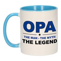 Opa The Man The Myth The Legend Cadeau Mok / Beker Wit En Blauw - 300 Ml - Verjaardag - Kado Koffiemok / Theebeker