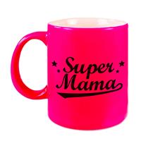 Super Mama Tekst Cadeau Mok / Beker - Neon Roze - 330 Ml - Moederdag / Verjaardag