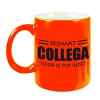 1x Stuks Collega Cadeau Mok / Beker Bedankt Collega Voor Je Top Inzet - Neon Oranje - Werknemer/ Personeel Cadeau