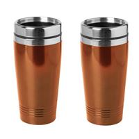 2x Stuks Warmhoudbeker/warm Houd Beker Metallic Oranje 450 Ml - Rvs Isoleerbeker/thermosbekers Reisbekers Voor Onderweg