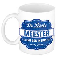 De Beste Meester Cadeau Koffiemok / Theebeker Wit Met Blauw Embleem - 300 Ml - Keramiek - Cadeaumok Meester /