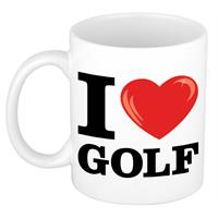 I Love Golf Wit Met Rood Hartje Koffiemok / Beker 300 Ml - Keramiek - Cadeau Voor Sport / Golf Liefhebber