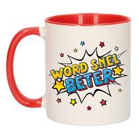 Word Snel Beter Cadeau Koffiemok / Theebeker Wit En Rood Met Sterren - 300 Ml - Keramiek - Cadeau Beker / Beterschap Mok