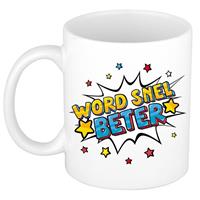 Word Snel Beter Cadeau Koffiemok / Theebeker Wit Met Sterren - 300 Ml - Keramiek - Cadeau Beker / Beterschap Mok